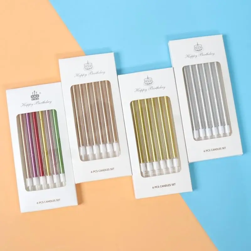 6 ชิ้นยาวบางเทียนเค้กโลหะเทียนวันเกิดยาวบางเทียนในผู้ถือสําหรับวันเกิดงานแต่งงานตกแต่งเค้ก