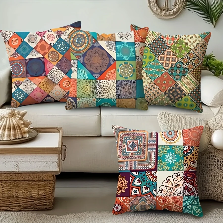 

4pcs Bohemian pattern double-sided Printedg Short plush Suitable for living rooms bedrooms sofas (excluding pillow cores)