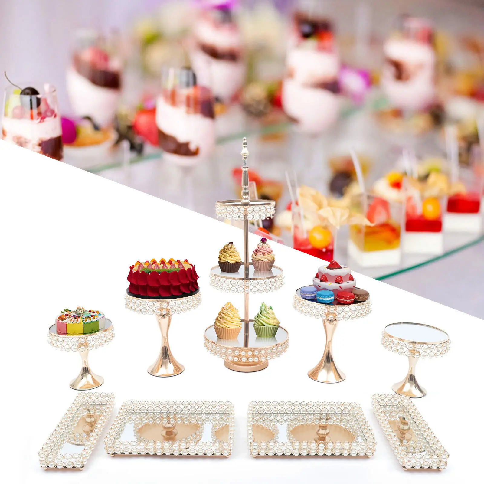 9Pcs Golden Cake Stand Tray 3 Layer Tower Stand with Base Wedding Party Mirror Dessert Display Rack Storage Holder