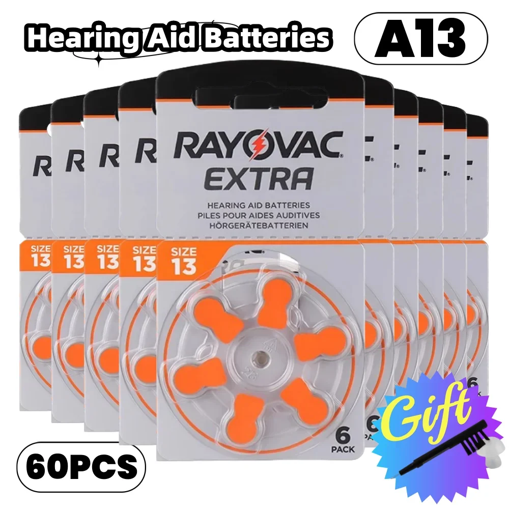 

60 pcs Hearing Aid Batteries Rayovac Extra A10 A13 A312 A675 Zinc Air 1.45V Battery For Profesional Hearing Aids