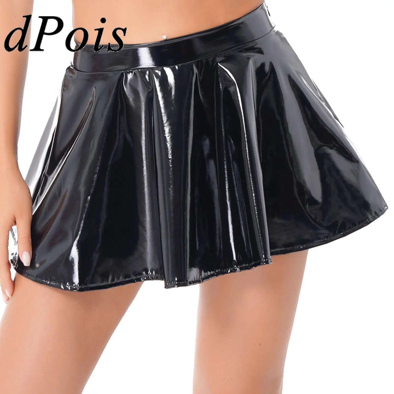 Womens Glossy Patent Leather Miniskirt  Invisible Zipper A-Line Mini Skirts Nightclub Bar Rave Party Outfit Pole Dance Clubwear