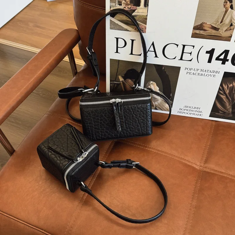 

2025 Fashion Mini Box Bags for Women Niche Design PU Leather Zipper Square Crossbody Bag Lady Simple Phone Purse