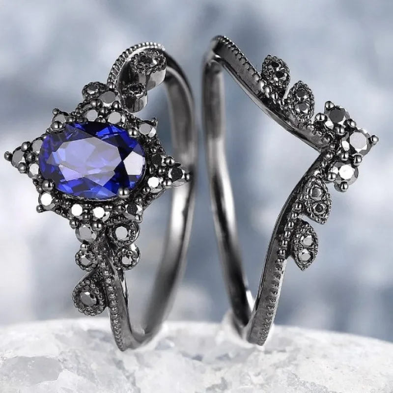 European and American fashion new gun black jewelry, navy blue zircon inlaid double-layer women\'s ring