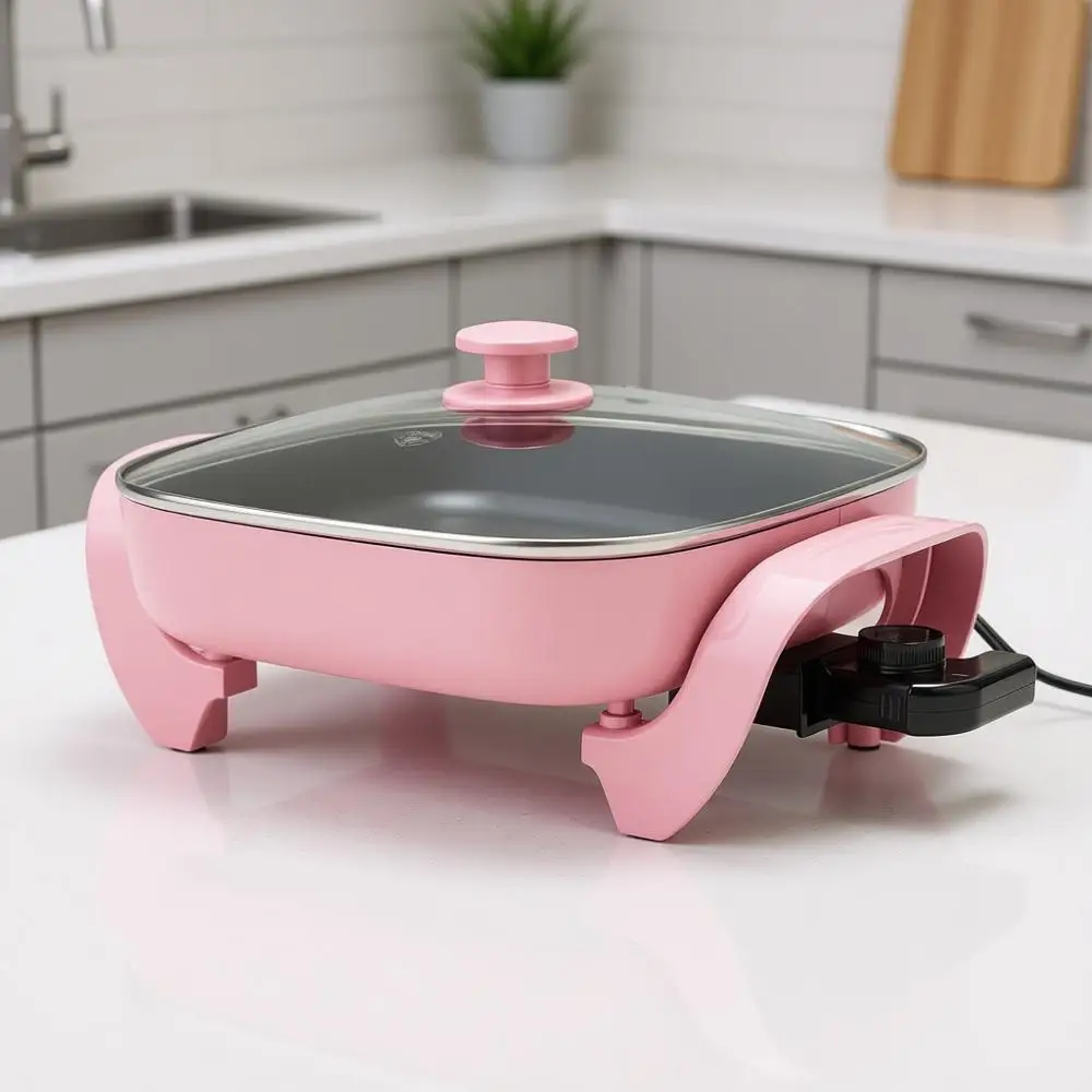 

12 5QT Square Electric Skillet, Glass Vented Lid, Nonstick Coated Interior, Adjustable Temperature Control, Cool Touch Handles,