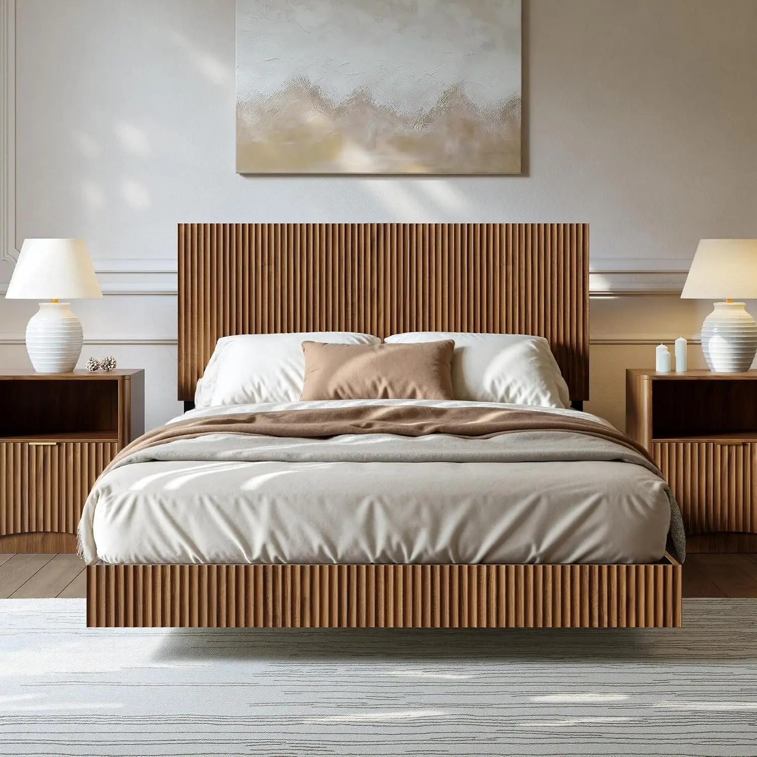 Walnut Full Floating Bed Frame with Headboard, Customized