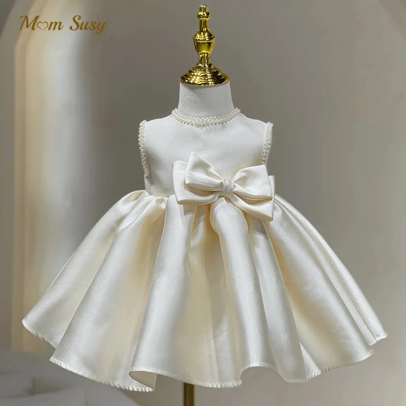 Fashion Baby Girl Pearl Princess Dress Infant Toddler Child Sleeveless Bow Vestido Wedding Party Birthday Baby Clothes 1-14Y