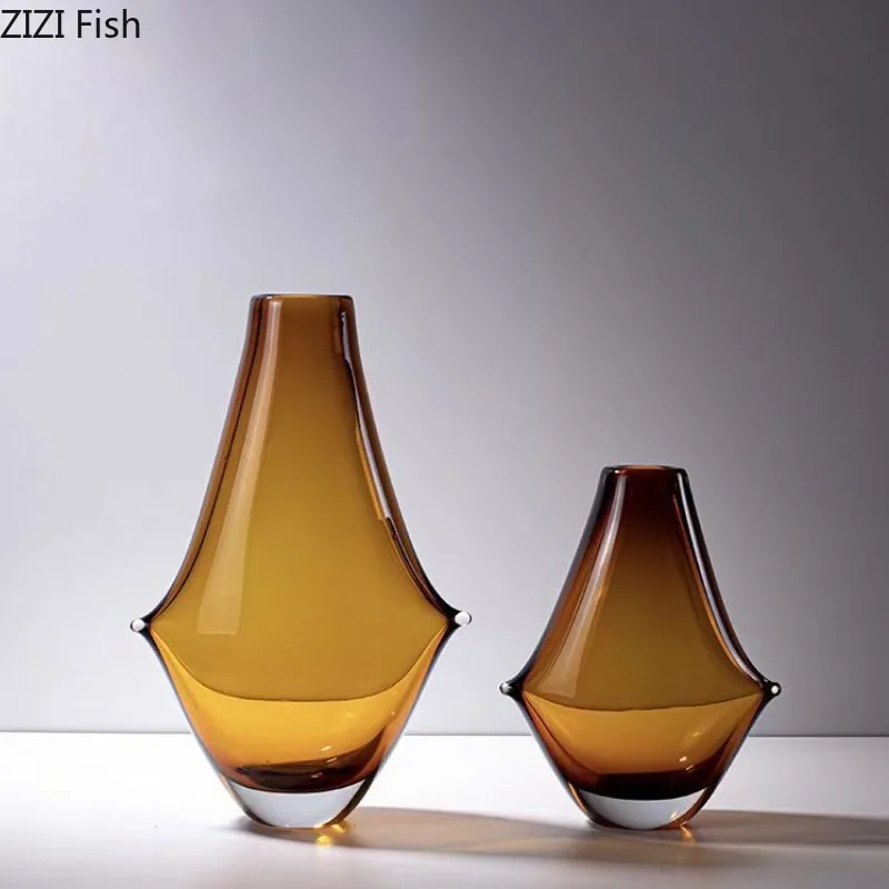 

Amber Glass Vase Small Mouth Vase Artistic Flower Vessels Ornament Hydroponic Vases Flowers Arrangement Dried Flower Vases