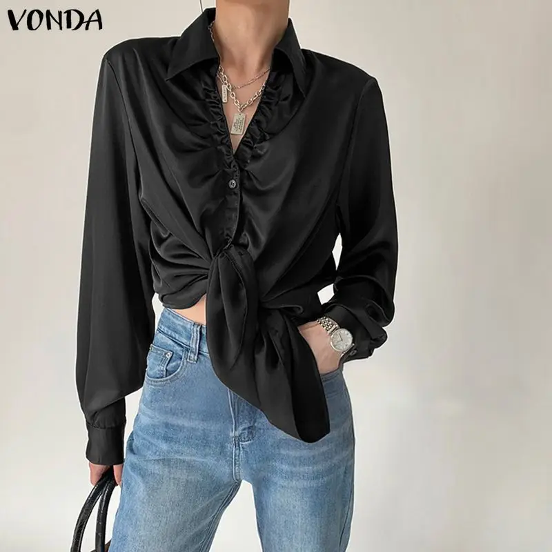 

2025 VONDA Elegant Women Shirt Long Sleeve Satin Blouse Autumn Sexy V-Neck Pleated Office Lady Fashion Blusas Solid Tops Femme