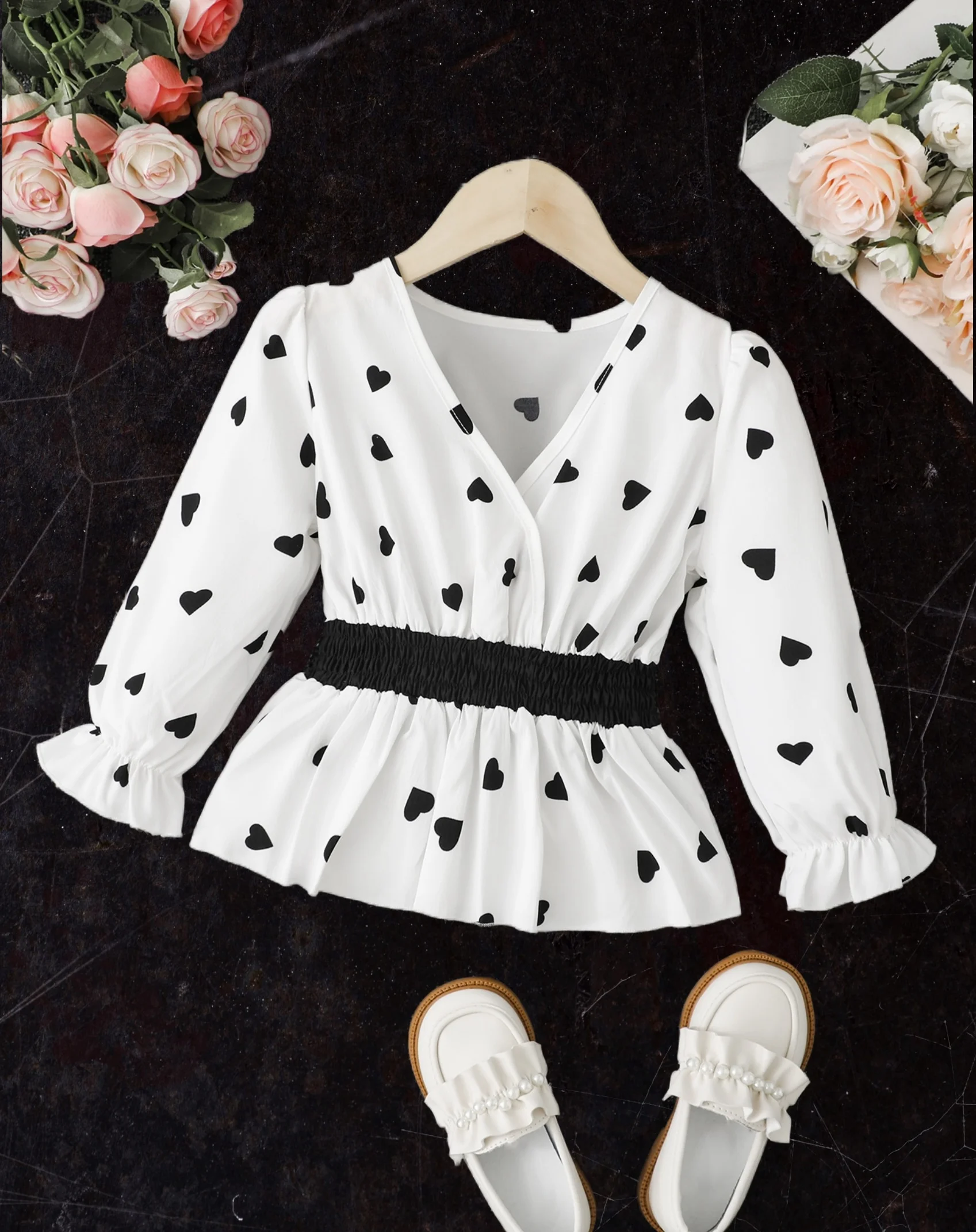 Girls Fashion Heart Shaped Polka Dot Girls (Small) Shirt - Cross V-neck Design, Ruffled Shirt Hood