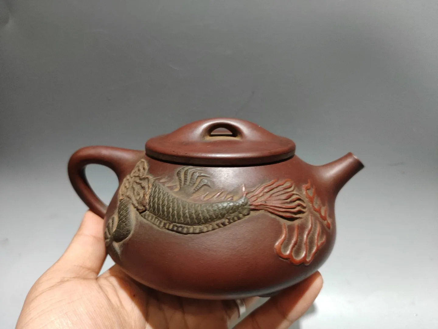 

7"Chinese Yixing Purple Clay Teapot Painted Dragon pattern relief Four Sided teapot Kettle Teapot Flagon Amass wealth Town house