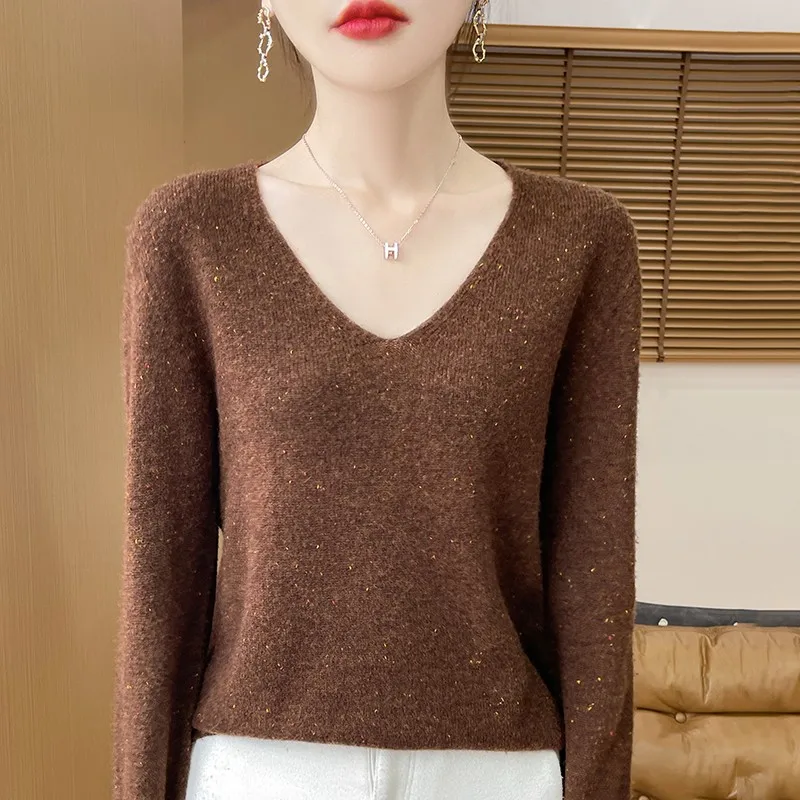 Autumn and Winter New Cashmere Sweater Women's 100 Pure Wool V-neck Korean Version Of age Reduction Sweater Fashion All Matching