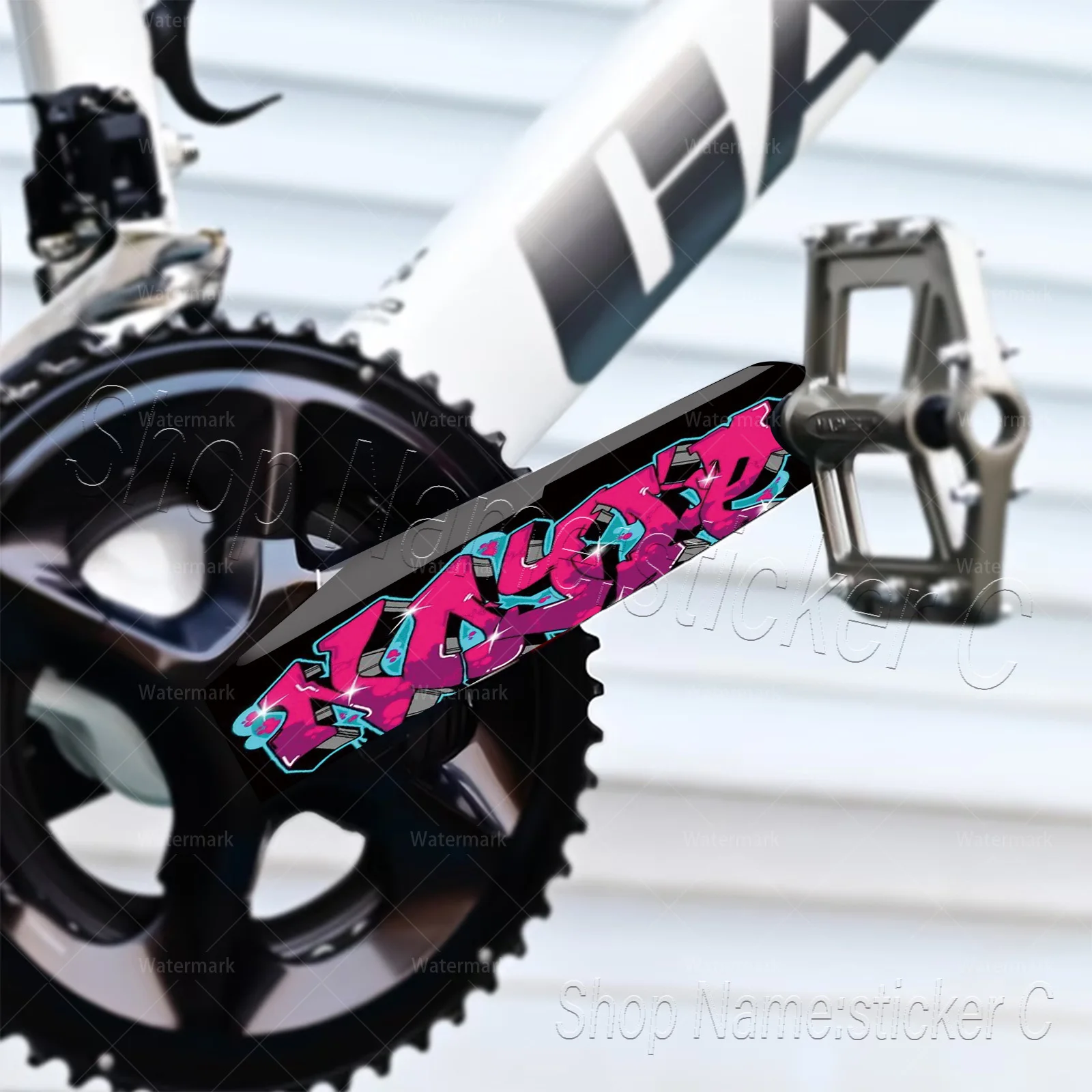 2Pcs/Set Pink Graffiti Letter Bike Crank Arm Protective Stickers, Waterproof Scratch-proof Vinyl Decals for Bicycle