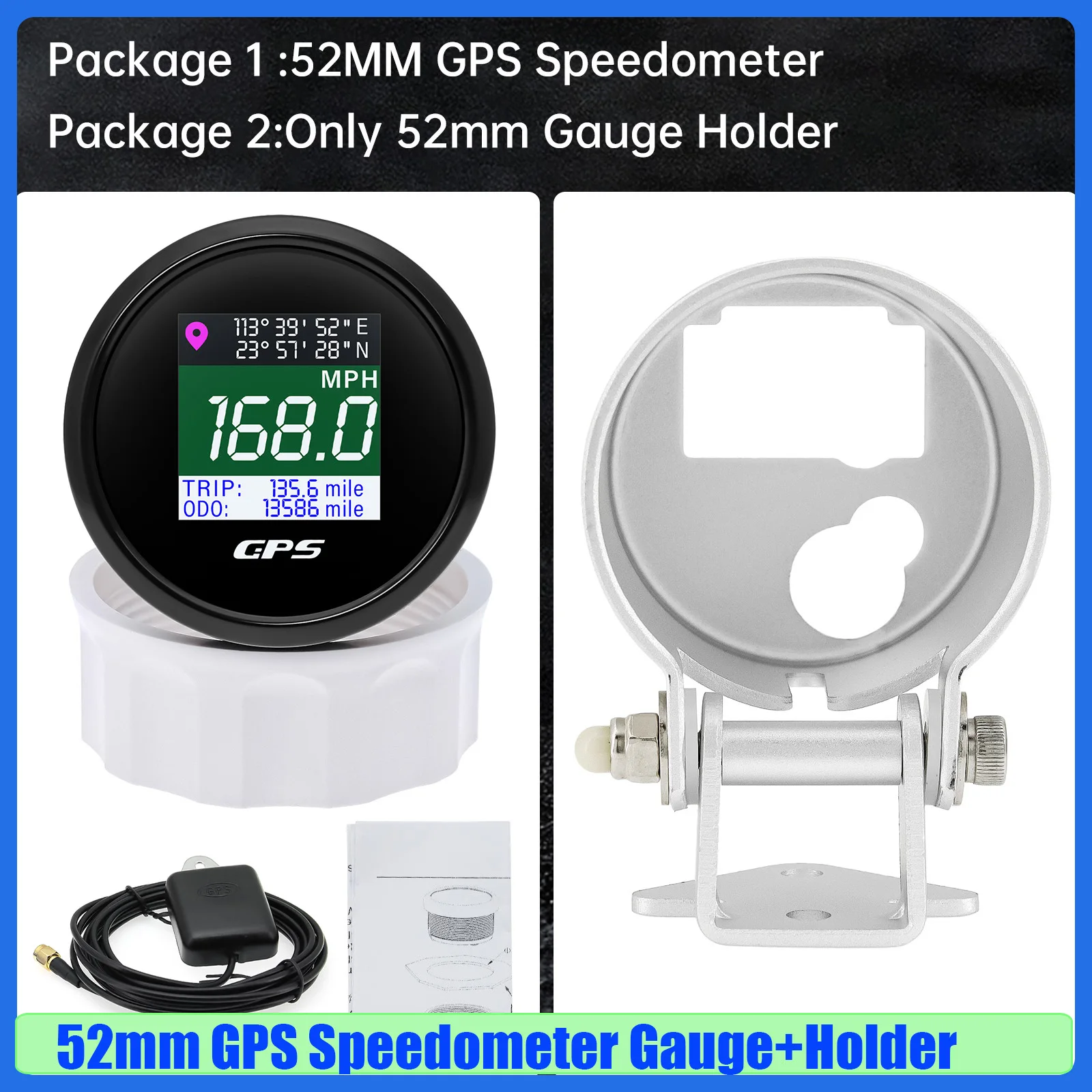 

0-999KMH,MPH,Knots Digital 52mm GPS SPeedometer Gauge with GPS antenna Trip ODO meter for Gasoline Diesel Car Boat Yacht 12V24V