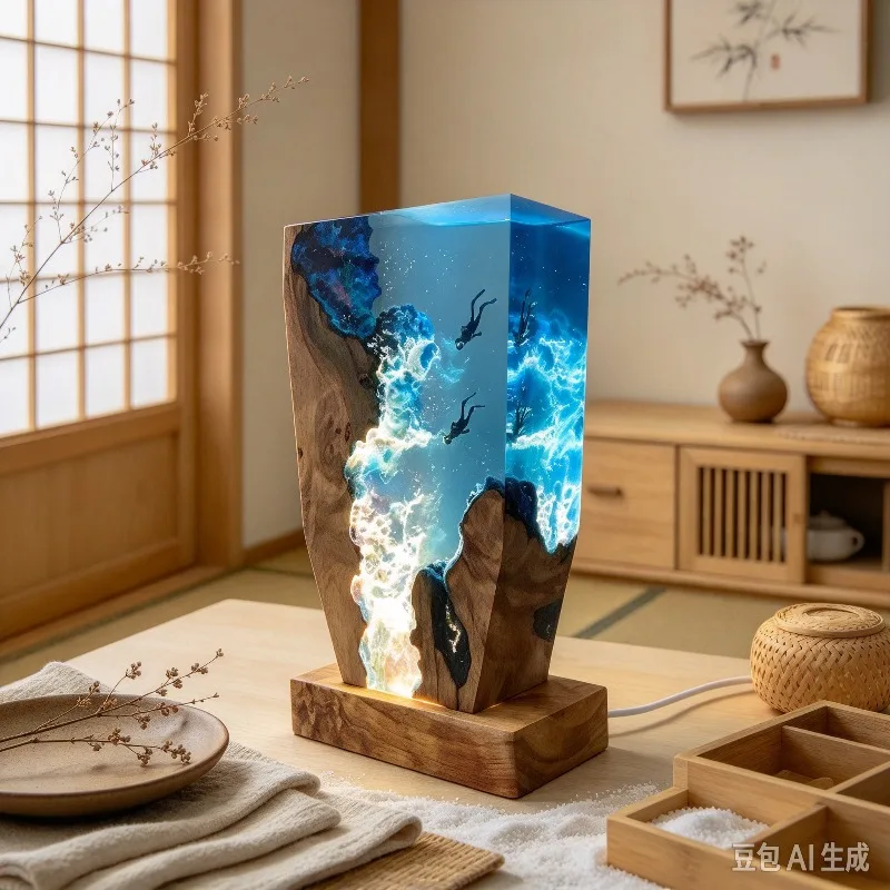 Resin Ocean Diver Lamp, Epoxy Night Light, Christmas Gift, Handmade Sculpture Ornament Decor Unique Tabletop for Homes Bedrooms.