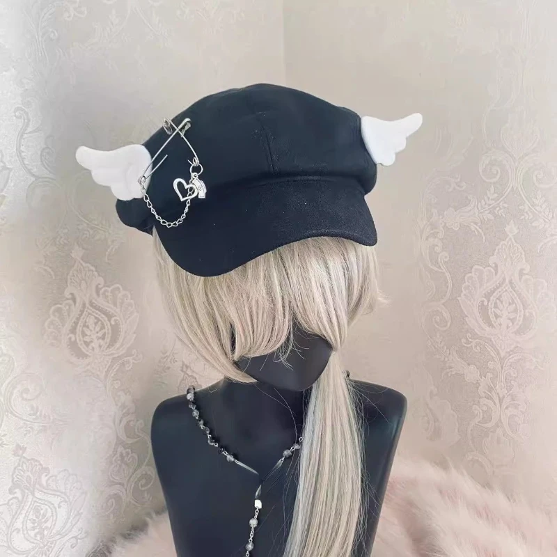 Y2k Aesthetic Women Angel\'s Wings Hats 2024 Spring Autumn Lolita Punk Light Color Sweet Hat All Match Japanese Fashion New Cap