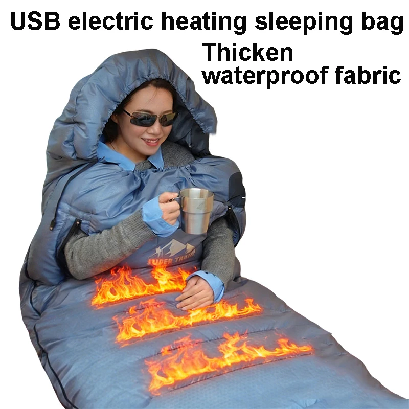 USB Heating Thickened Sleeping Bag Camping Hiking Connection To Power Bank Winter Autumn Sleeping Bag Outdoor Survival Camp Gear