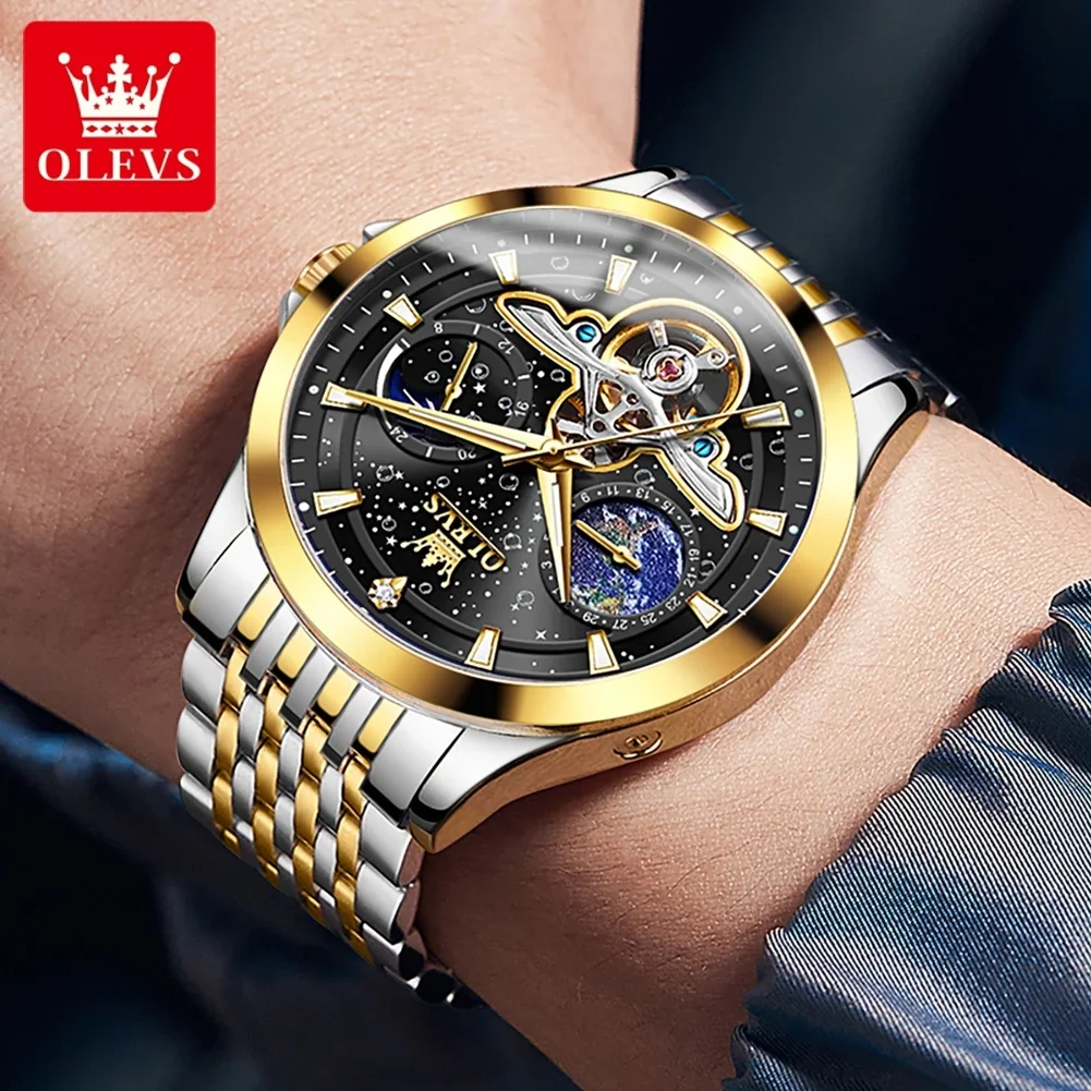 Olevs Luxury Brand Men\'S Watches Hollow Out Flywheel Luminous Waterproof Fully Automatic Mechanical Watch Starry Sky Moon Dial