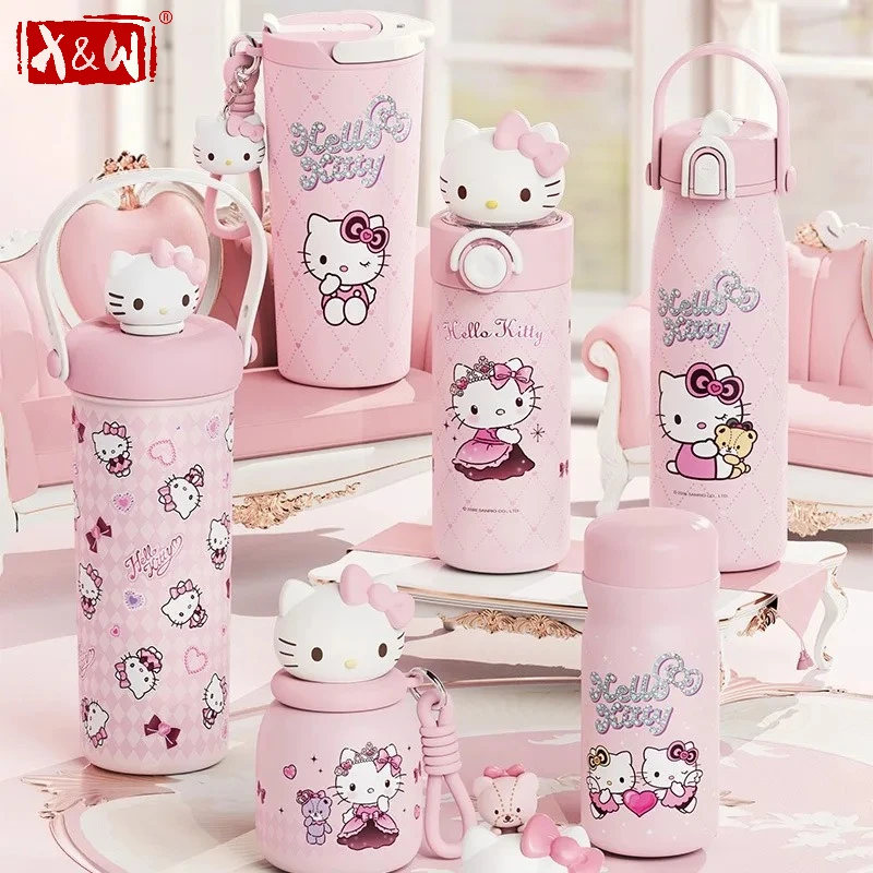 X&W Sanrio Insulated Cup Pink Hello Kitty Series 316 Stainless Steel Cartoon Ice Tumbler Portable Travel Water Bottle Girls Gift