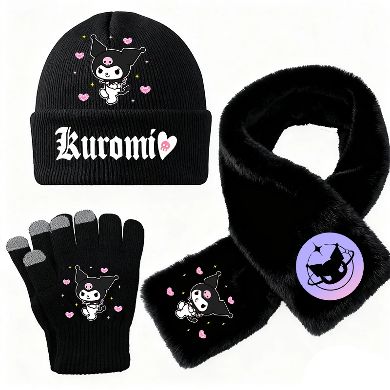 3PCS/Set Set Topi Rajut Kuromi untuk Anak Perempuan, Syal, Sarung Tangan, Set Beanie Musim Dingin untuk Balita, Sarung Tangan, Penghangat Leher, Aksesoris Luar Ruangan, Hadiah Natal