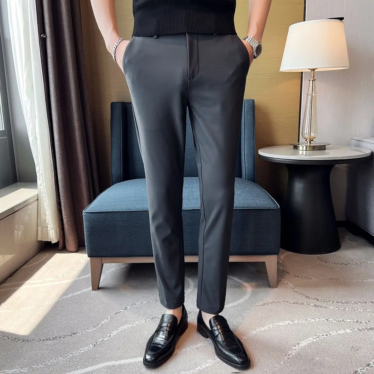 

2023 Spring Men Solid Color Fashion Casual Classic Style Slim Fit Soft Trousers Male Brand Advanced Stretch Suit Pants P155