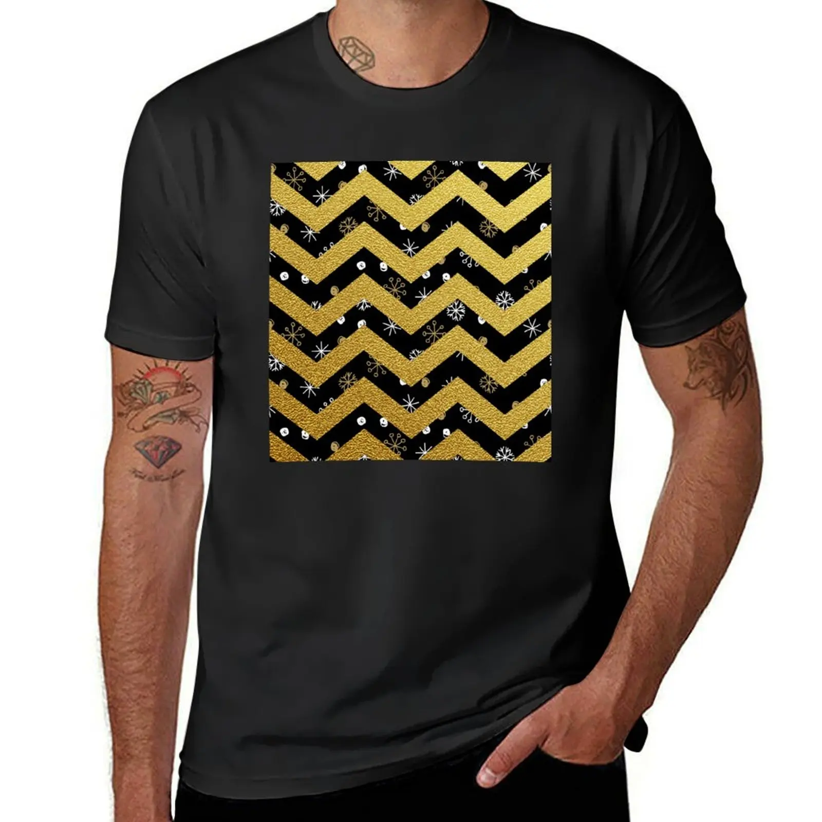 

black and gold glitter zig zag pattern T-Shirt tops blanks mens white t shirts