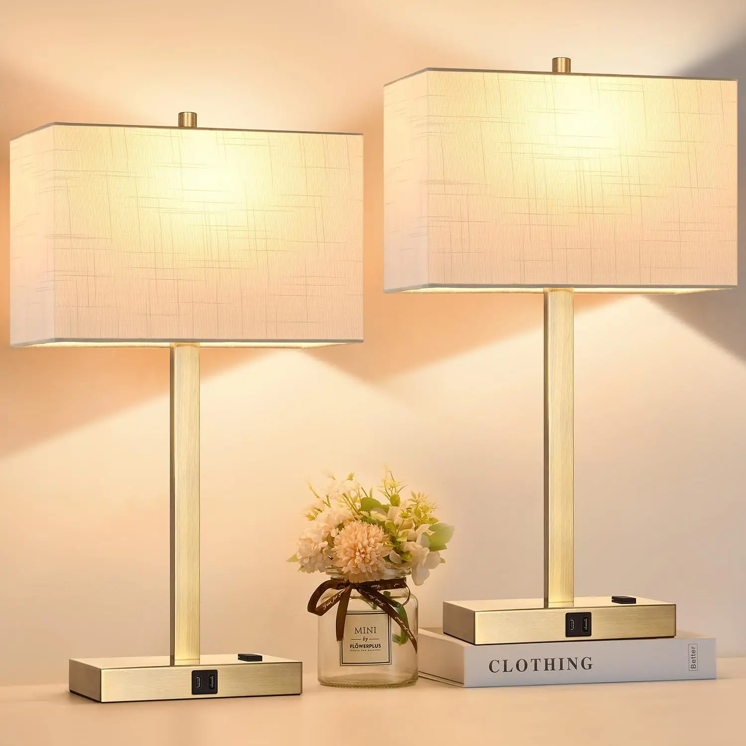 

Set of 2 Dimmable Touch Bedside Lamps with USB & AC Outlets, White Shade for Bedroom, LED Bulbs Included