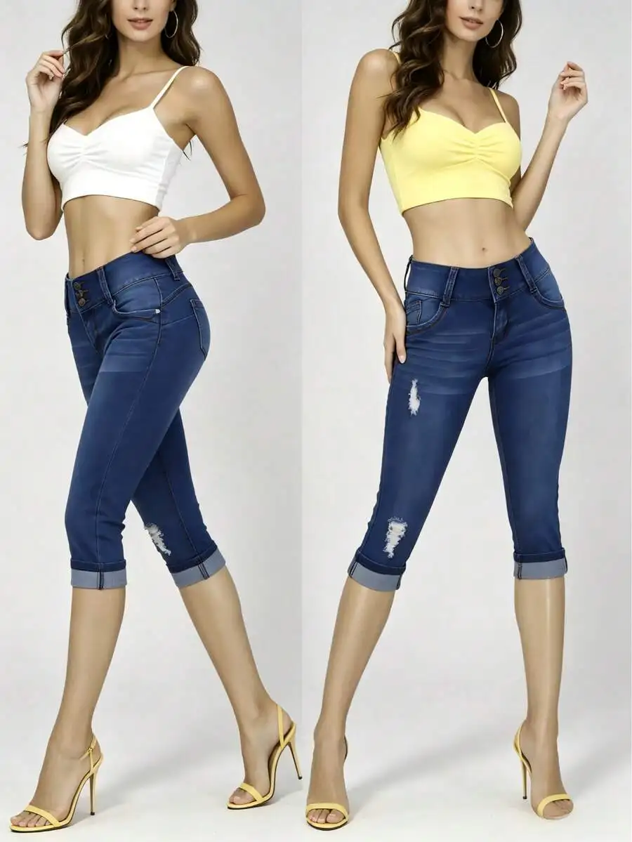 

Womens Royal Blue Denim Capri Shorts With Cuffed Hem Distressed Holes High Waist Triple Button Closure