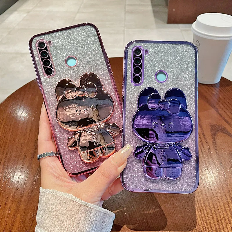 For Redmi Note 8 Luxury Gradient Glitter Makeup Mirror Rabbit Folding Stand Soft Silicone Back Cover Xiaomi Redmi Note 8