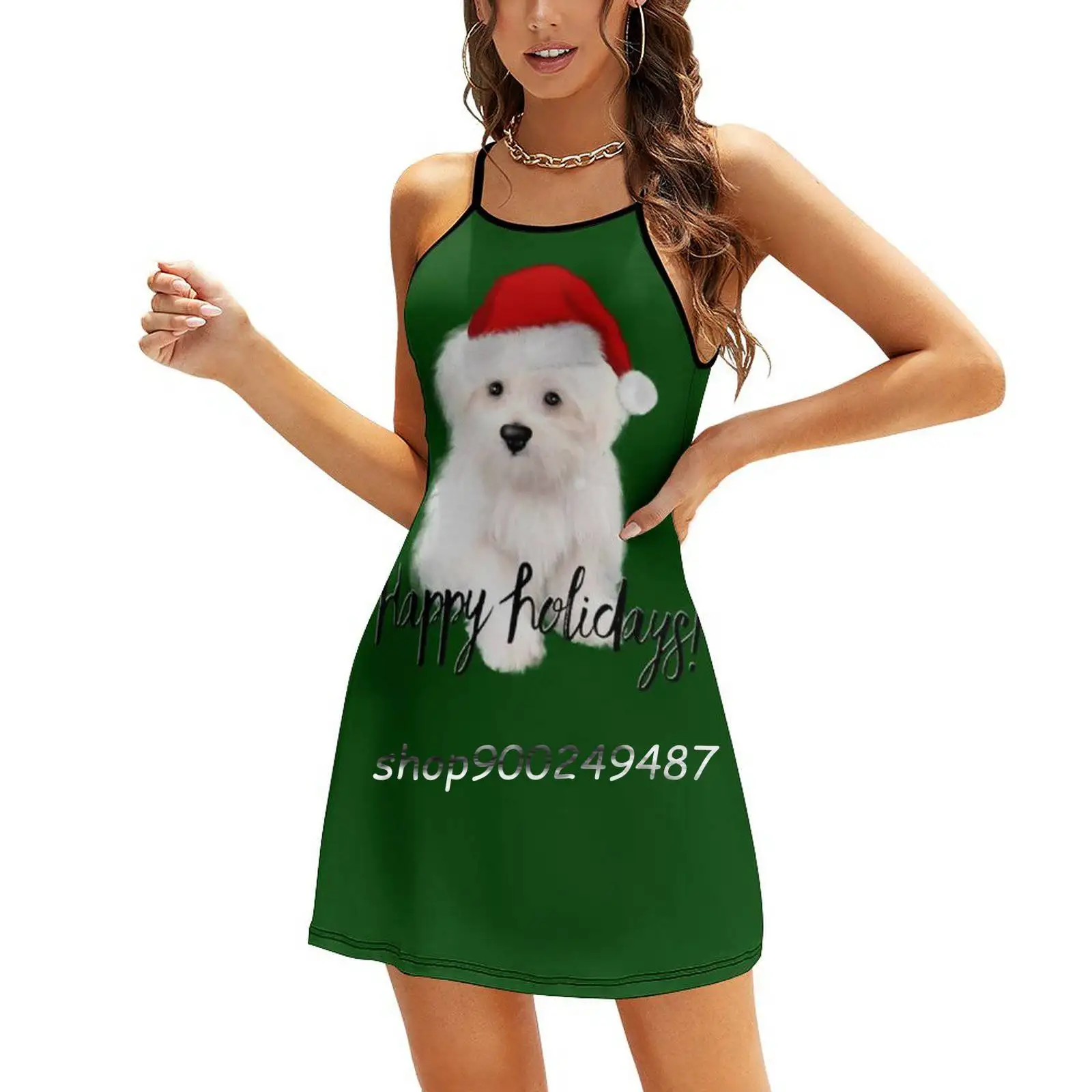 Cute Maltese , Bolognese Dog.Perfect Christmas Gift For Dog Sweetheart Knot Flared Dress Fashion Design Large Size Loose Dress