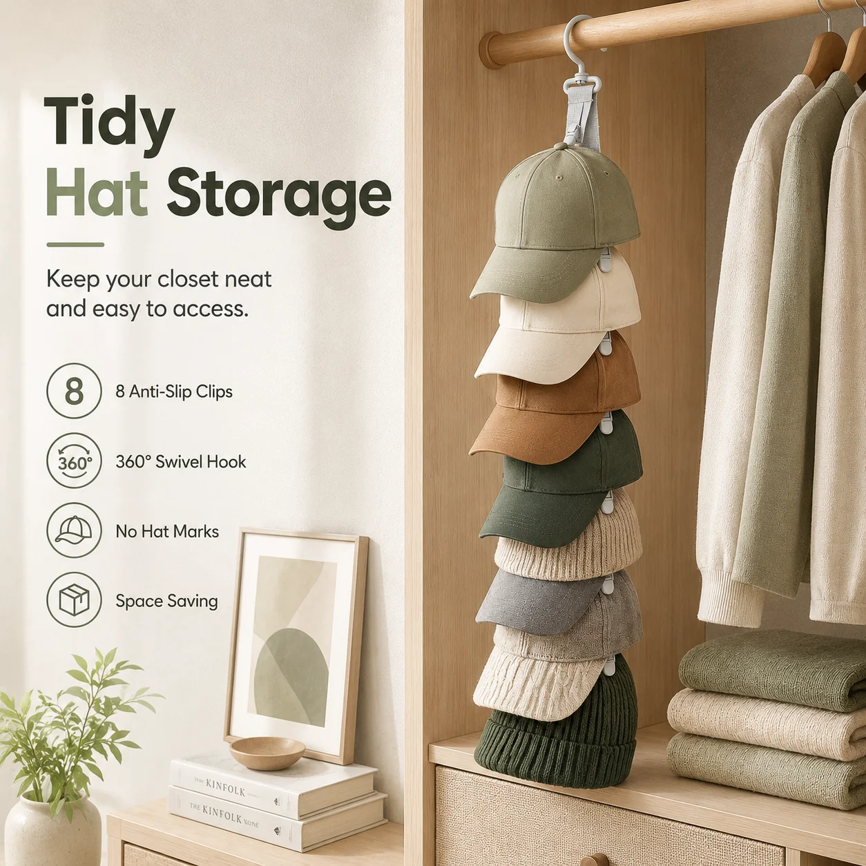 Wall Mounted Hat Rack 1/2/3PCS Hanging Rope with Clips Organizer for Baseball Cap Closet Door Bedroom Dorm Scarf Tie Storage Cap