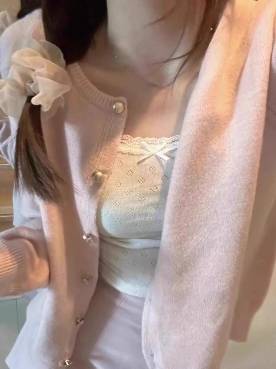 핑크 자수 패턴 니트 오픈 가디건 여성 봄 가을 루즈 롱 슬리브 캐주얼 소프트 젠틀 아우터웨어 탑