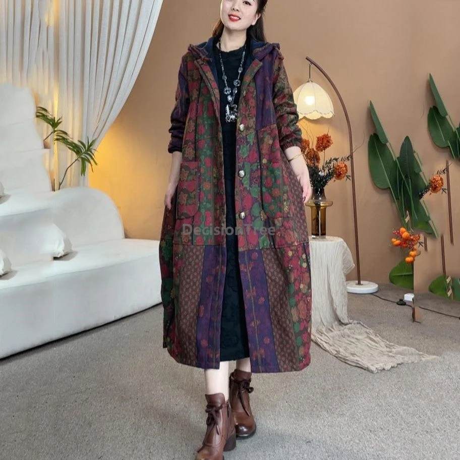 

2025 зимняя теплая толстовка, свободная длинная стильная утолщенная хлопково-льняная куртка, китайское женское модное теплое универсальное пальто с принтом