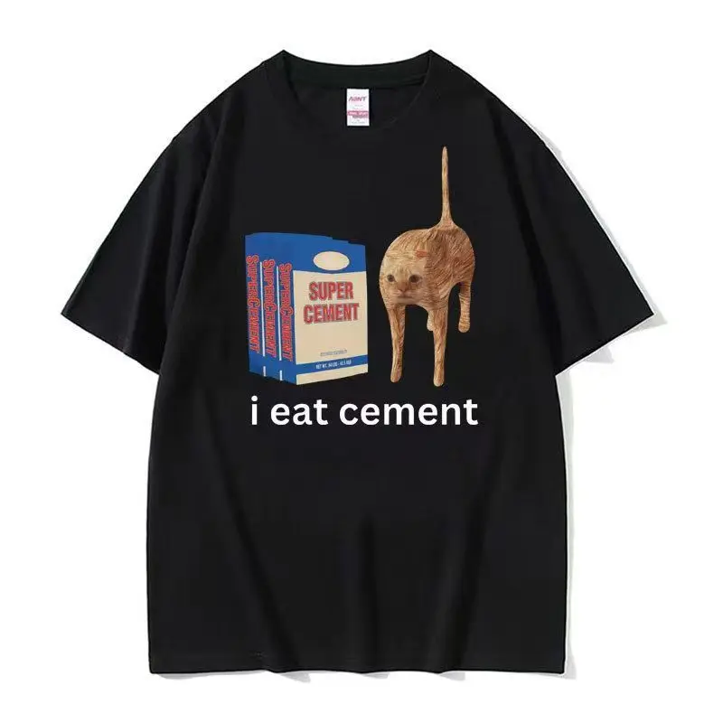 

Plus - Size Bicolor Short - Sleeve Tee: “i eat cement” Cat & Cement Box Graphic-meme