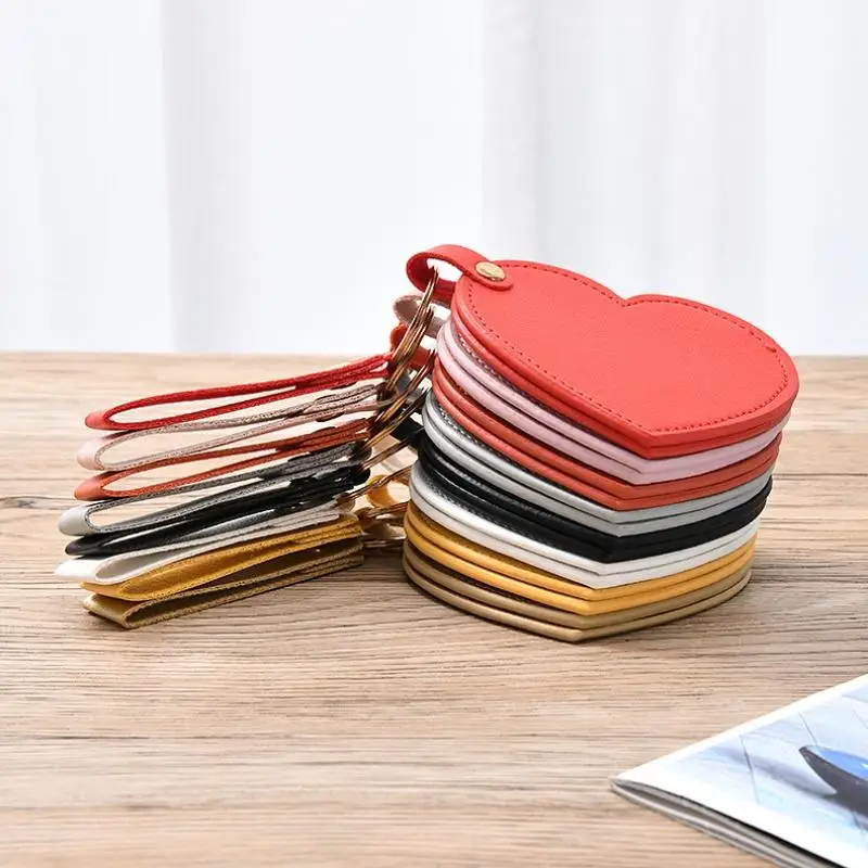 بو الجلود واحدة الجانب مرآة ماكياج الجمال المفاتيح على ظهره الشنق المحمولة النساء شكل قلب مرآة لوضع مساحيق التجميل كيرينغ