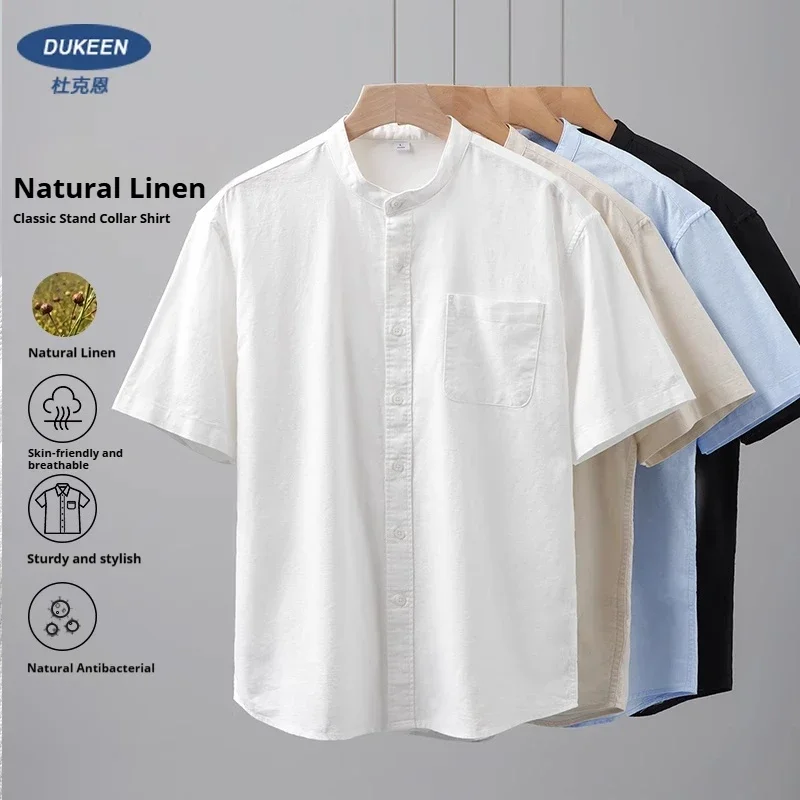 

DUKEEN Linen Shirt for Men 2025 Summer New Casual Solid Color Stand Collar Short-Sleeve Basic Tops Formal Shirt Men's Clothing