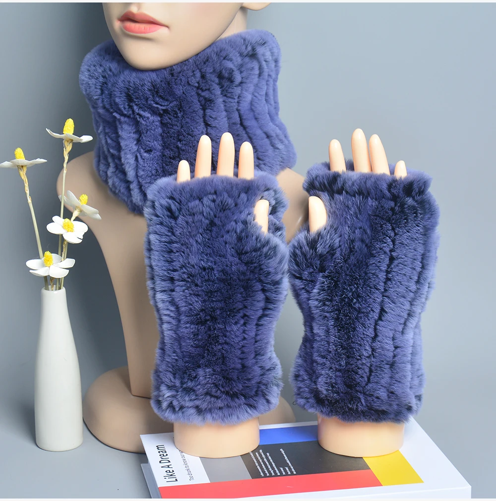 One Set Women Real Rex Rabbit Fur Cuff+Headband Winter Warmer Hat Arm Wrist Sleeve Gloves Female Real Fur Cap+Elastic Wristband