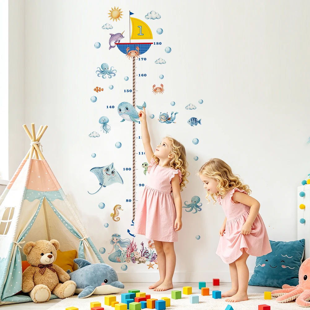 Ocean Sea Animal Growth Chart Wall Stickers Whale Mermaid Height Ruler Kids Nursery PVC Wall Decal