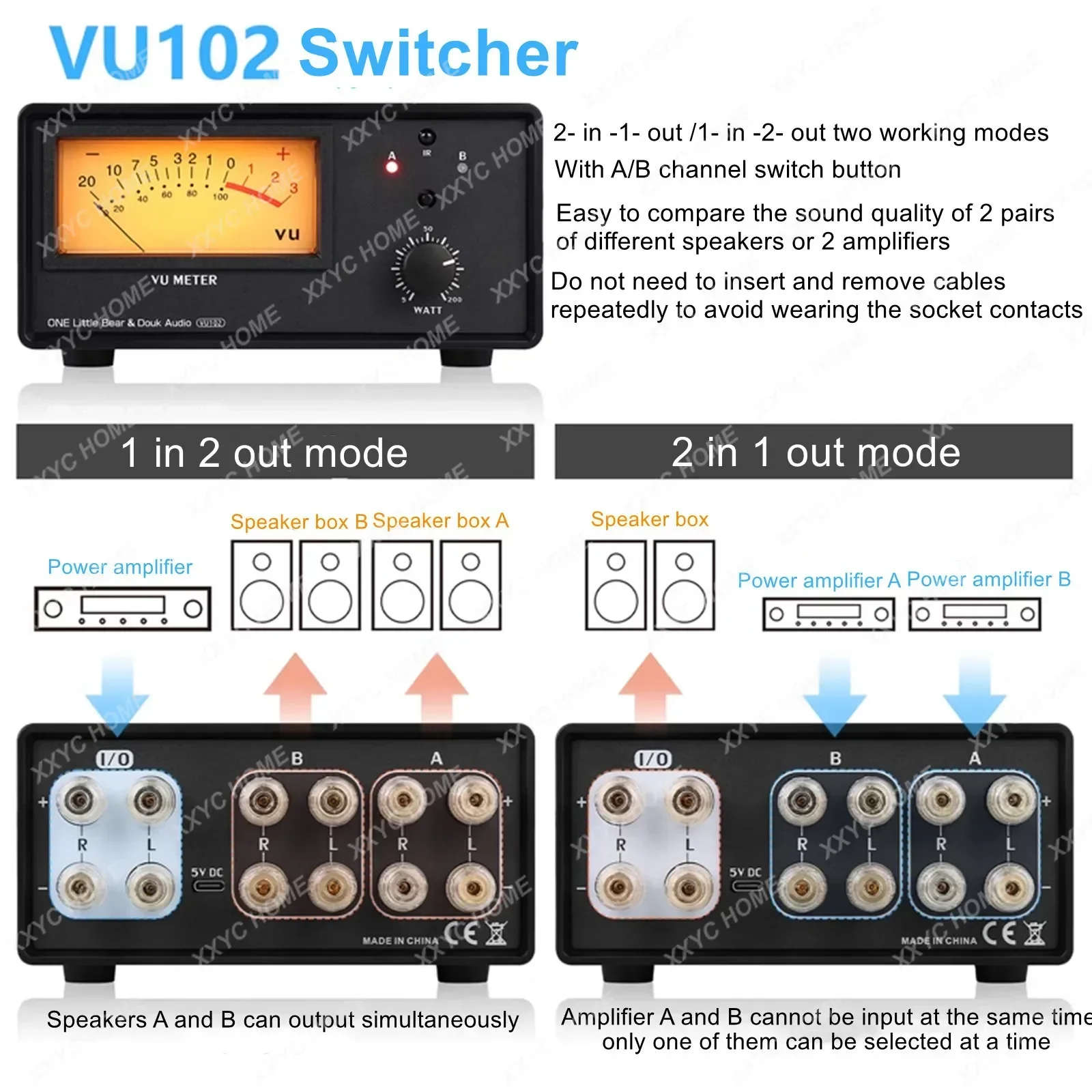 VU102 1-IN-2-OUT Audio Switcher Box 2-IN-1-OUT Selecter for with IR Remote Control VU Meter
