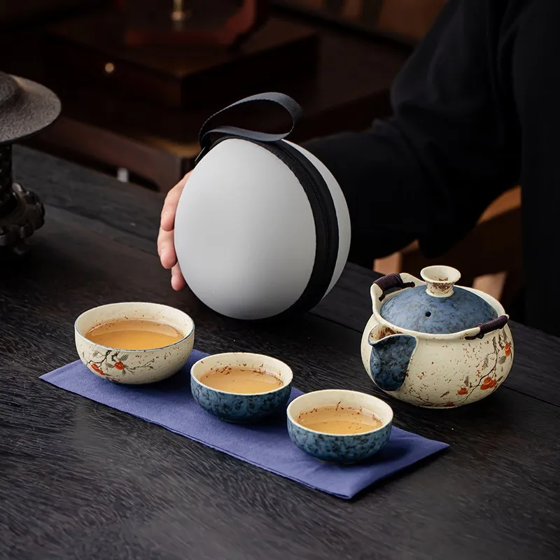 Blue And White Flint Red Hand-held Teapot Lid Bowl Anti Scalding Teapot Tea Cup Outdoor Portable Travel Tea Set One Pot Three