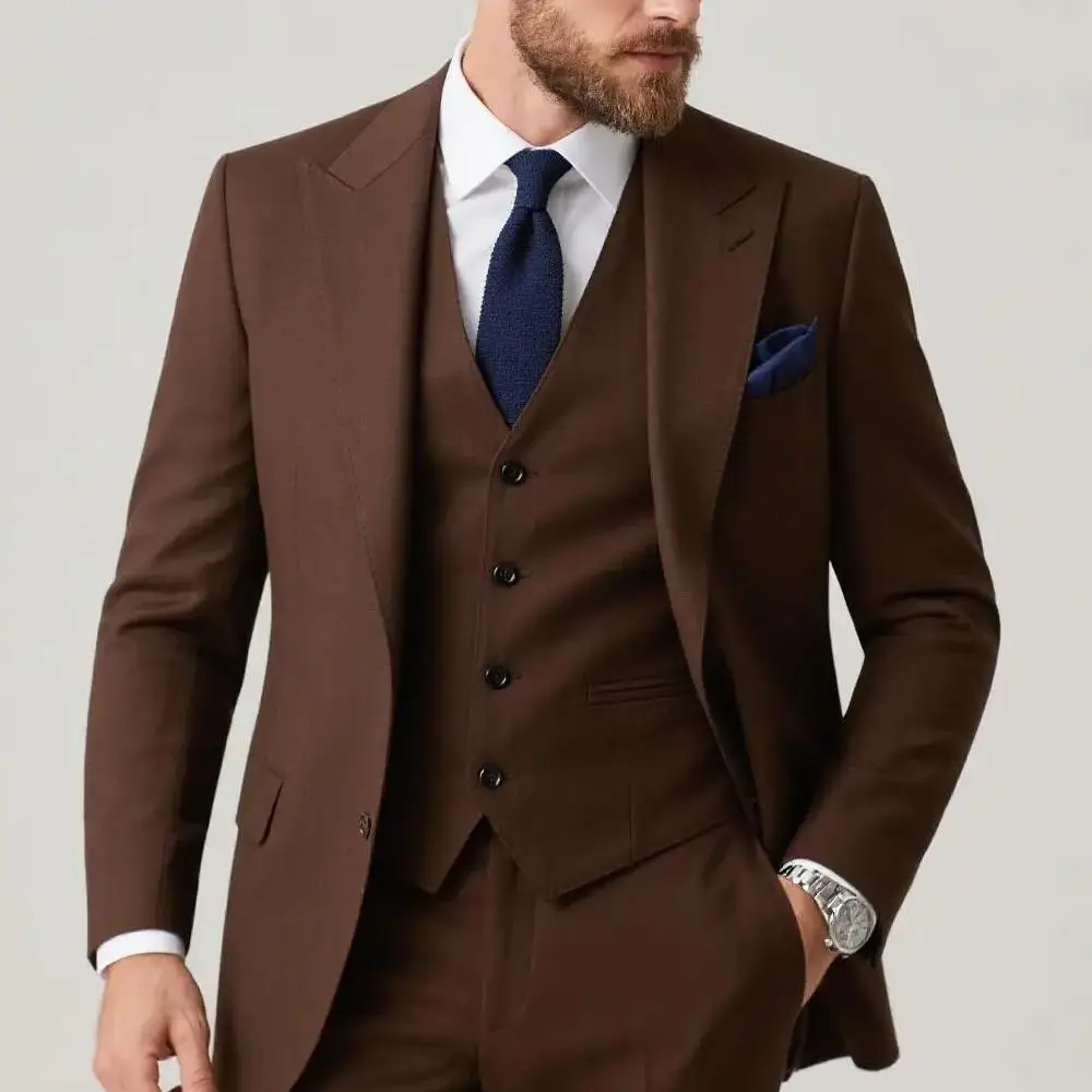 

Wedding 3 Piece Jacket Pants Vest Full Set Single Breasted Notch Lapel Blazer Brown Male Clothing Business Men's Suits