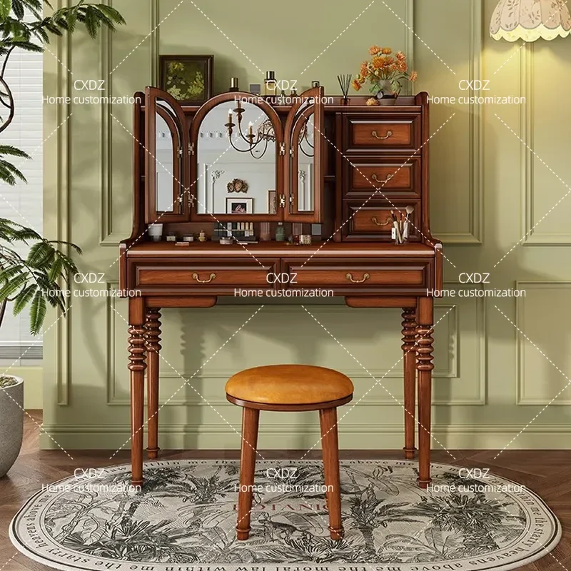 American Retro Solid Wood Dresser with Foldable Flip Mirror High End Makeup Table for Master Bedroom Small Apartment