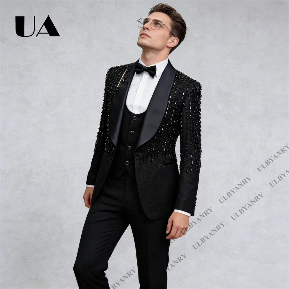

ULBYANRY Luxurious Crystals Three Piece Suit for Men, Jacket Vest Pants Prom Party Suit Attire Mens Gala Events Tuxedo