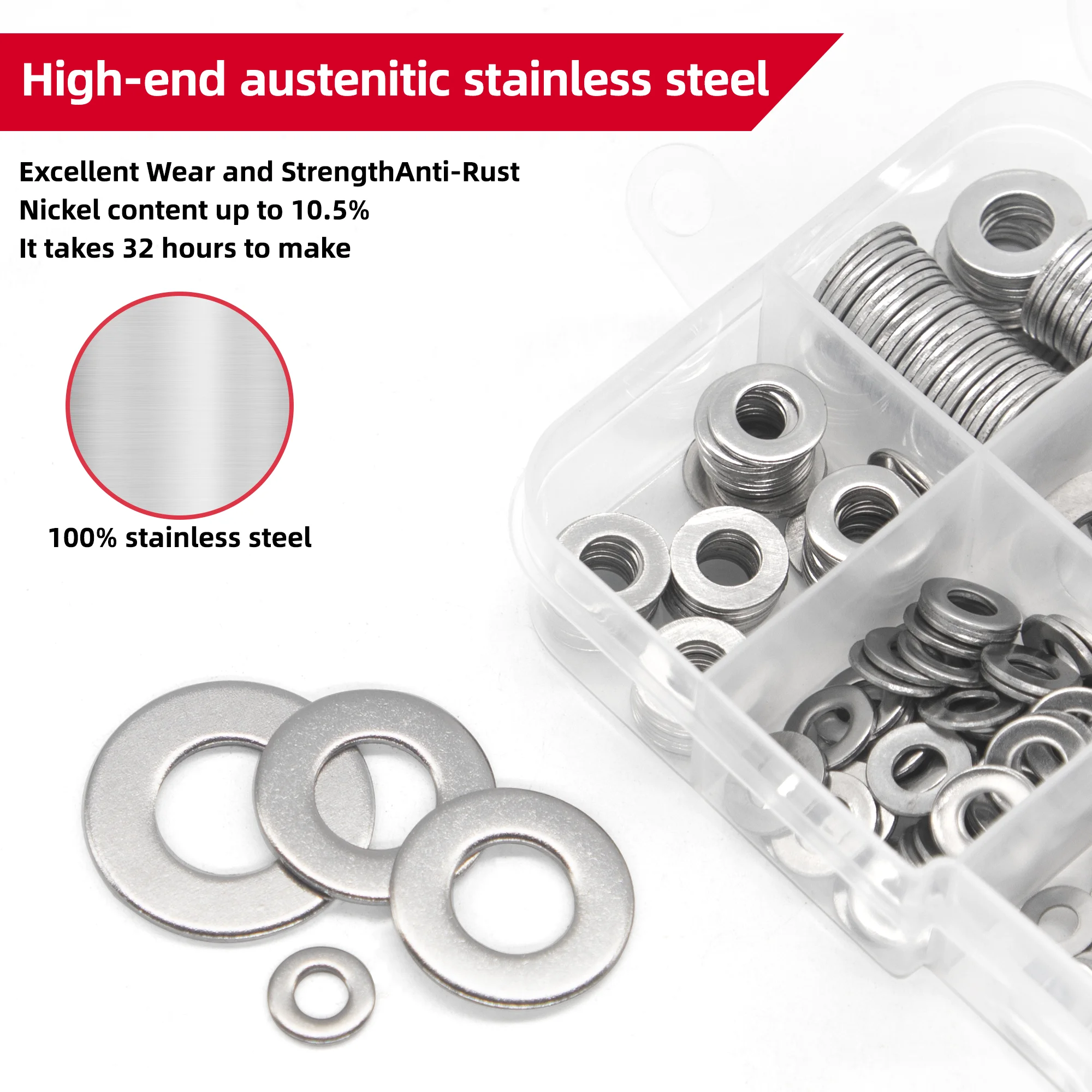 580PCS 304 Stainless Steel Flat Washer Set M2-M12 Multi-Spec Rust-Resistant Repair DIY Fasteners Tool Kit with Storage Box