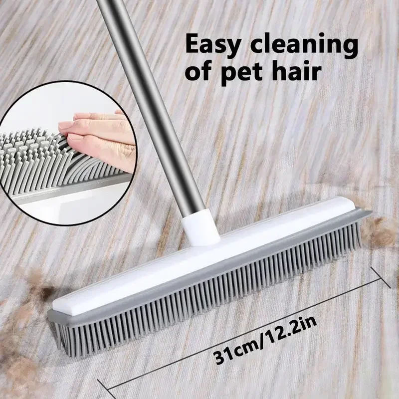 Escova de chão de borracha para pelos de animais de estimação, para tapete, removedor de pelos de cães com rodo embutido, mini vassoura de silicone, limpeza