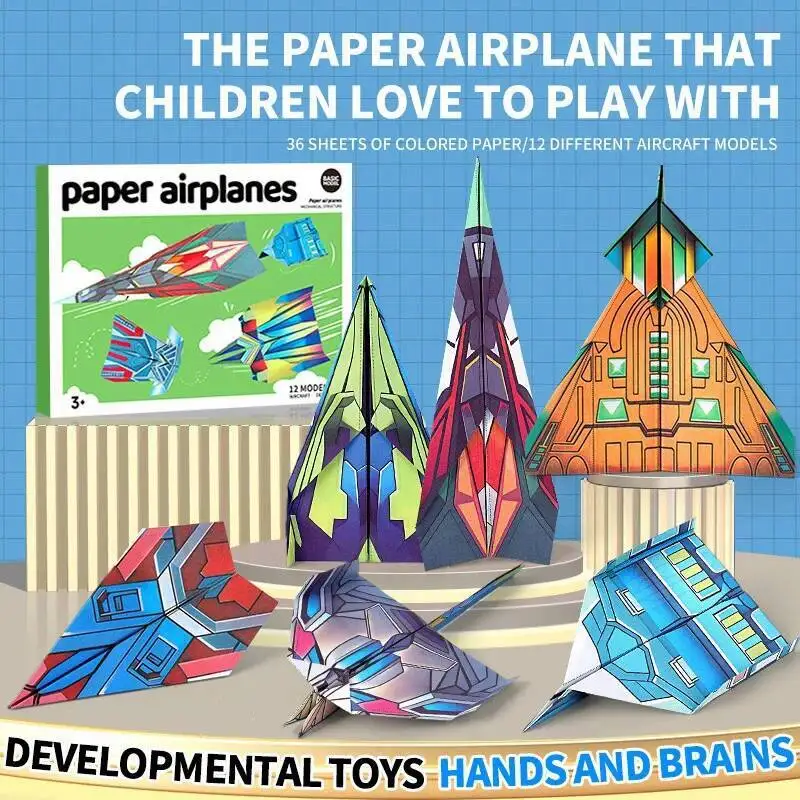 36Pages Folding Paper 3D Colored Paper Airplane with 12 Patterns Creative Plane Paper Learning Educational Toys for Children