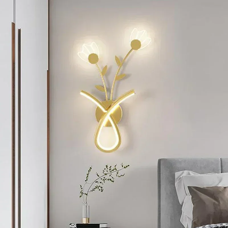 

Modern LED Wall Lamp for Bedside Bedroom Wall Iron Line Room Decoration TV Backdrop Aisle Acrylic Flower Home Lighting Fixtures