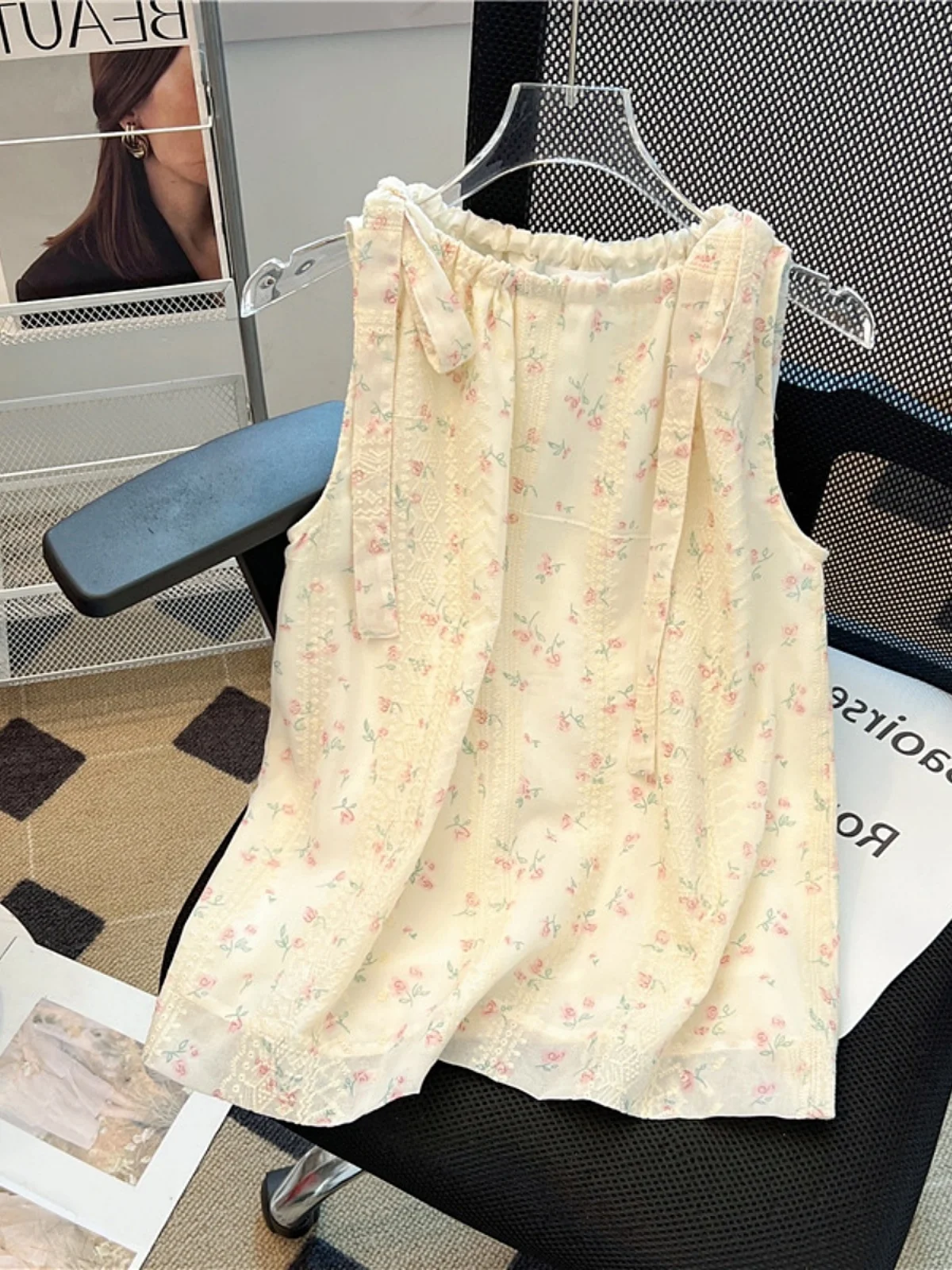 

Sweet Floral Print Blouse Women's Summer Knot Tie Sleeveless Vest Top Loose Fit Polyester Fiber round Neck Knitted ...
