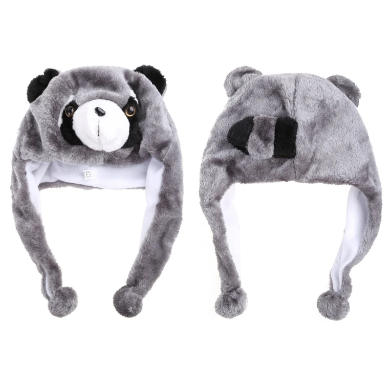 Winter Warm Raccoon Animal Hat Plush Pompom Cosplay Earflap and Fuzzy Snow Ski Beanie Cap