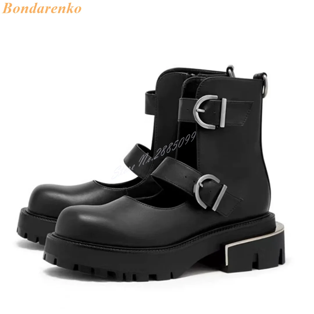 Retro Round Toe Sandal Boots Thickl Sole Chunky Heels Metal Buckles Straps Ankle Women Shoes New Style Side Zipper Summer Spring