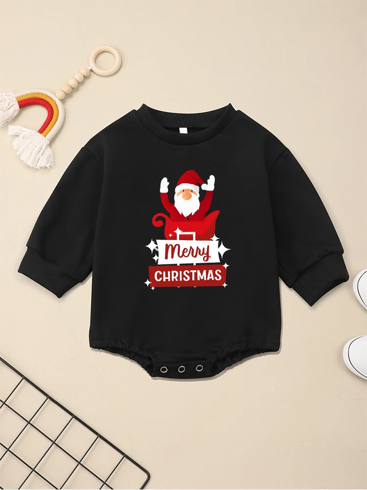 

Merry Christmas Cute Baby Girl Clothes Santa Claus Print Black Toddler Romper Cartoon Xmas Gift Newborn Boy Onesie Long Sleeve